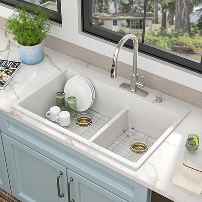 33 Granite Composite Kitchen Sink Double Bowl - Fulorni 33"x22" Granite Kitchen Sink White Ledge Workstation Drop in Topmount Double Bowl 60/40 Luxury Quartz Classic Above Counter Basin