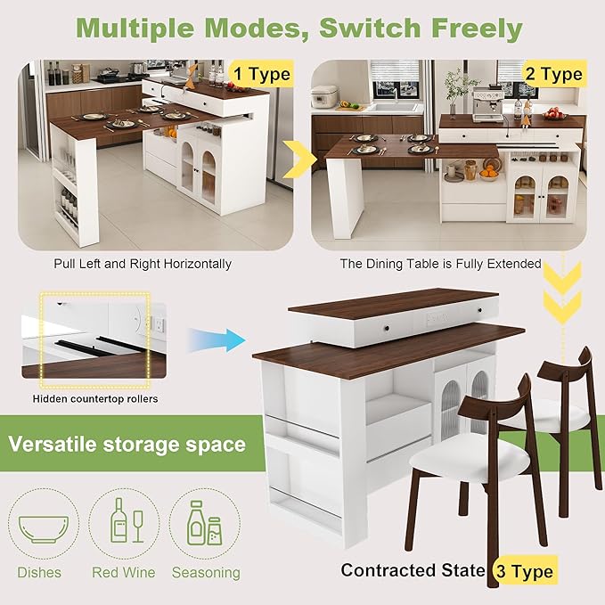 Kitchen Island Set with 2 Solid Wood Chairs, Extendable Rotating Table,with Walnut Veneer Retro Design, 4 Drawers Glass Door Cabinets, Expandable Dining Station for 2 4 Person KT175