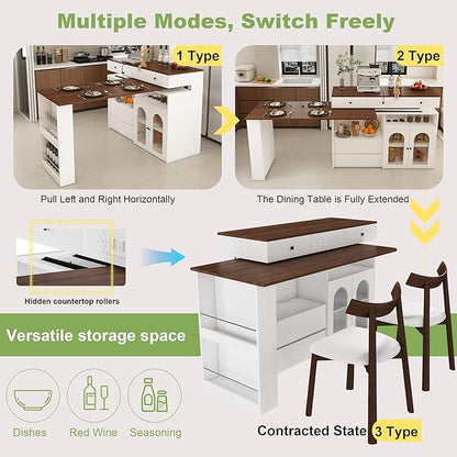 Kitchen Island Set with 2 Solid Wood Chairs, Extendable Rotating Table,with Walnut Veneer Retro Design, 4 Drawers Glass Door Cabinets, Expandable Dining Station for 2 4 Person KT175
