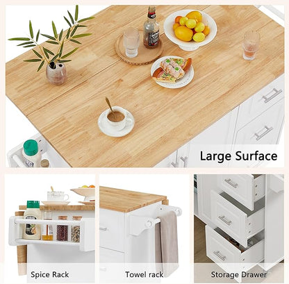 Modern Dining Table Expandable Kitchen Island Cart with Drop Countertop Cabinet Tower Rack Wheels Wood Console Luxury Decor,White