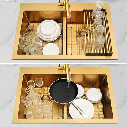 LQS Gold Kitchen Sink 33x22, 33 Inch Drop In Kitchen Sink Double Bowl, Handmade Deep & Large Stainless Steel Kitchen Sink with Low-Divider