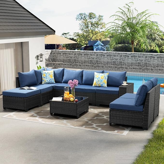 JOYURE 9 Pieces Patio Furniture Set All-Weather Outdoor Wicker Sectional Conversation Sofa Rattan Patio Seating Sofa with Cushion and Glass Table and Ottoman for Porch Poolside,Navy
