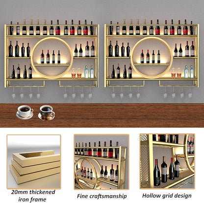 Metal Wine Rack Wall Mounted with LED Light, 3-Tier Bar Liquor Shelf with Wine Glass Holder, Modern Large Capacity Liquor Bottle Display Storage Shelf for Home Bar, Dining Room(Gold, 140 * 80 * 15)