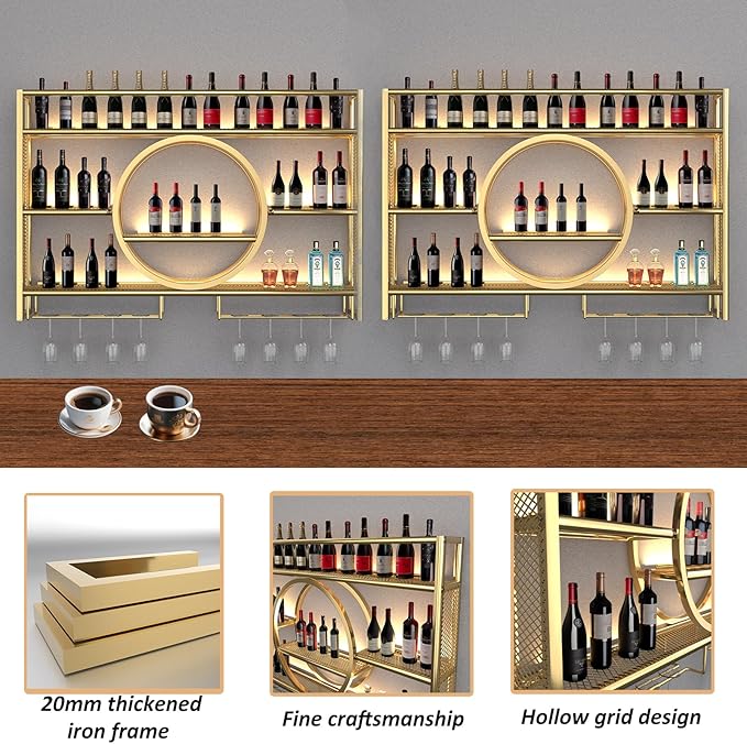 Metal Wine Rack Wall Mounted with LED Light, 3-Tier Bar Liquor Shelf with Wine Glass Holder, Modern Large Capacity Liquor Bottle Display Storage Shelf for Home Bar, Dining Room(Gold, 120 * 80 * 15)