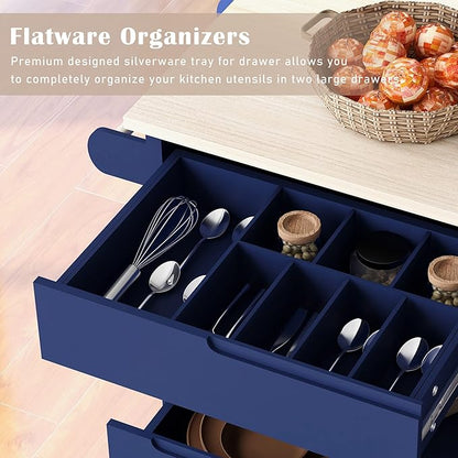 Rolling Mobile Kitchen Island Cart Breakfast Bar with Spice & Towel Rack, 8 Drawers and 5 Wheels for Dining Room