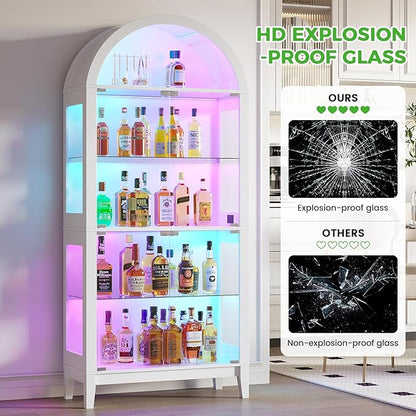 HNEBC Arched Book Shelf with Glass Doors, LED Bookcase with RGB Lights, 5 Tier Cabinet Has 9-Cube Storage, 69" Display Cabinet for Living Room,Bedroom(White)