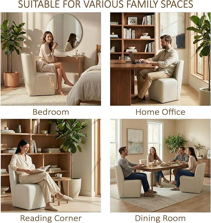 KISLOT Upholstered Dining Chairs Set of 4 with Casters, Wingback Modern Side Armless Deskchair with Rollers for Diningroom Bedroom Livingroom Reading Room, Cream Faux Leather