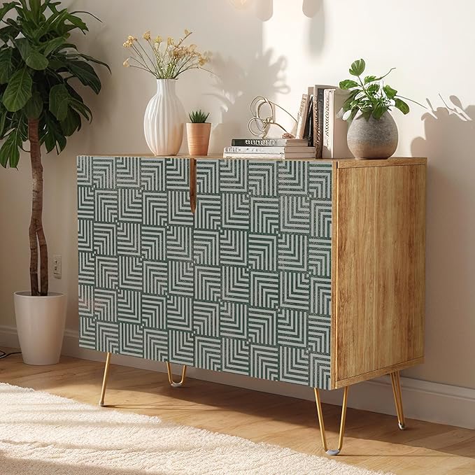 SIGNWIN Sideboard Buffet Cabinet, Kitchen Storage Cabinet with 2 Doors, Black Gray Geometric Square Pattern, Cupboard Console Table for Dining Room - 35" L x 18" W x 29" H