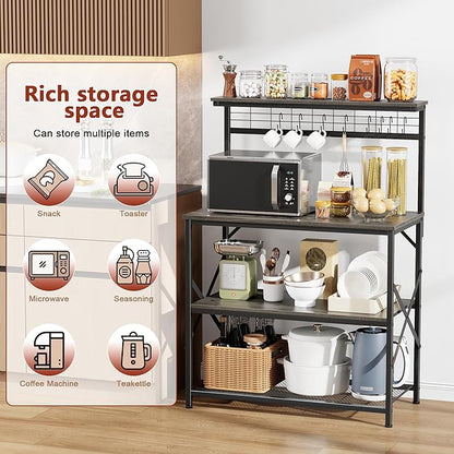 Furologee Kitchen Bakers Rack with Hutch,Coffee Stand with Storage 4 Tiers,Coffee Bar Station with a 31.5 Inch Larger Desktop and 8 S Hooks,Kitchen Microwave Rack for Spices,Pots,Rustic Brown