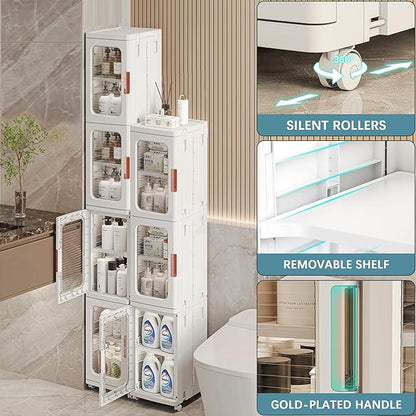 Tall Narrow Storage Cabinet with Transparent Doors and Movable Wheels,Plastic Foldable Storage Box for Small Space, Bathroom, Kitchen(4Tier,White)