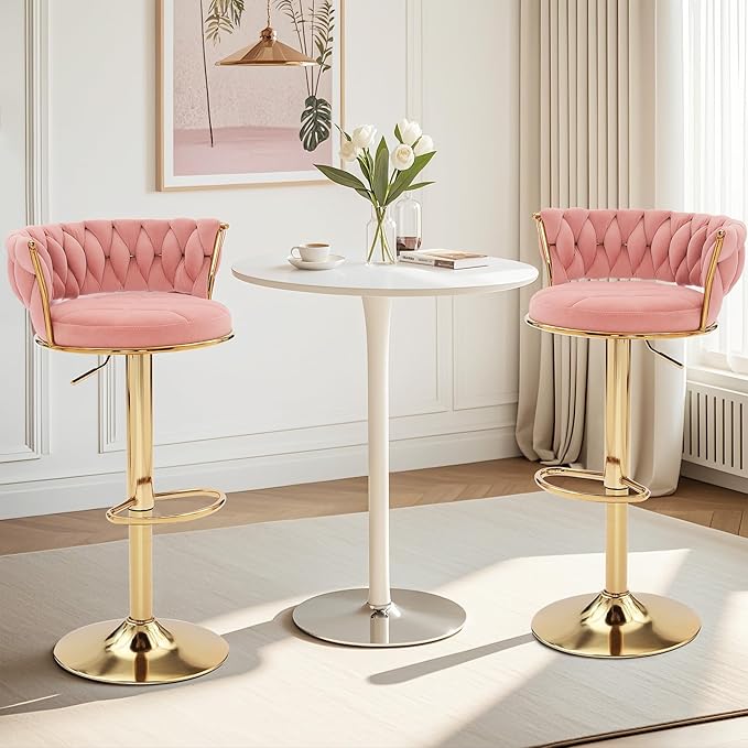 VECELO Bar Stools Set of 4, Adjustable Barstools Counter Height Stools with Back and Arm, Velvet Woven Kitchen Island Stools w/Gold Metal Leg Base, 360° Swivel Bar Stools, Pink