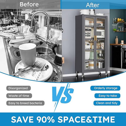 67.3" Kitchen Pantry Storage Cabinet with Acrylic Glass Door, Adjustable Shelves & Wheels,Metal Tall Food Pantries Cabinets,for Kitchen, Living Room and Dining Room, Gray