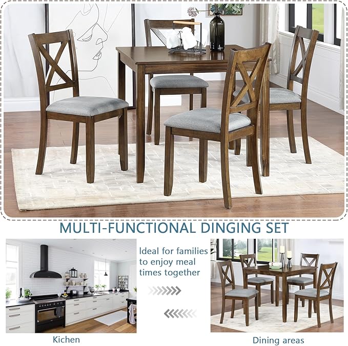 5-Piece Solid Wood Dining Table Set with 4 Upholstered Chairs, Square Kitchen Table Set for 4, Modern Dining Room Table and Chairs Set of 4 for Kitchen and Dining, Walnut
