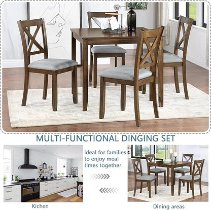 5-Piece Solid Wood Dining Table Set with 4 Upholstered Chairs, Square Kitchen Table Set for 4, Modern Dining Room Table and Chairs Set of 4 for Kitchen and Dining, Walnut