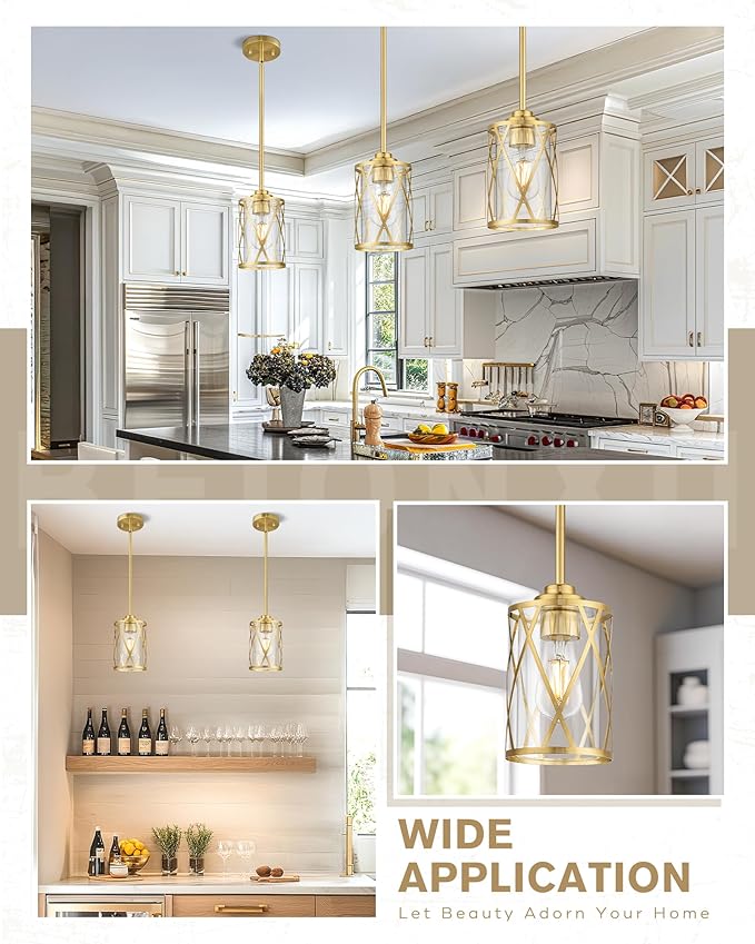 Beionxii Pendant Lights Kitchen Island, Brushed Gold Modern Kitchen Pendant Lighting Over Island, Farmhouse Industrial Cage Hanging Lighting with Clear Glass for Sink, Dining Room, BX-PL07BG