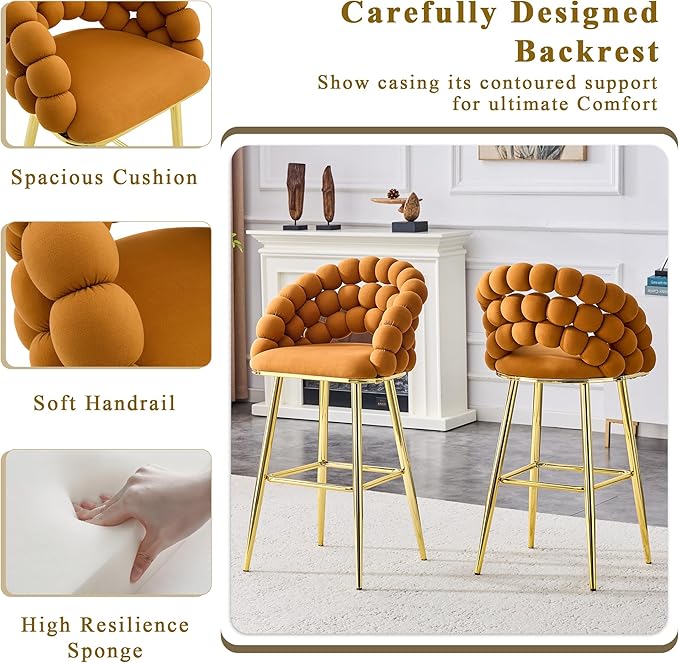 Set of 2 Orange Puffy Bubble Chair Ball Chain Chair Velvet Bar Stools with Gold Legs, Tufted Accent Bar Chairs for Kitchen Island Home Bar