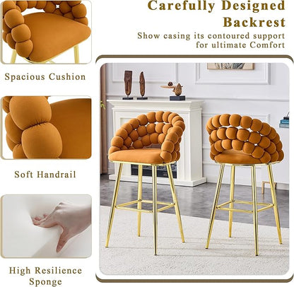 Set of 2 Orange Puffy Bubble Chair Ball Chain Chair Velvet Bar Stools with Gold Legs, Tufted Accent Bar Chairs for Kitchen Island Home Bar