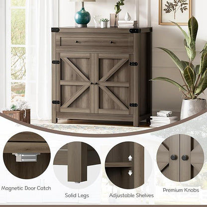 Flamaker Sideboard Buffet Cabinet with Storage, Farmhouse Coffee Bar Cabinet with 1 Drawer and 2 Barn Doors, Barn Door Console Table, Storage Cabinet for Kitchen, Dining Room, Entryway (Rustic Oak)