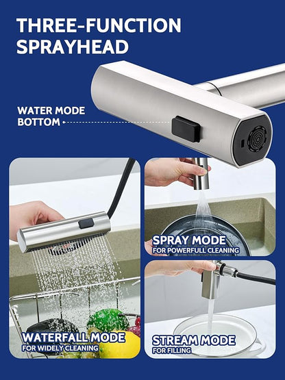 Kitchen Faucet with Pull Down Sprayer, Waterfall Single Hole Single Handle Sink Faucets with Pull-Down Sprayer for RV Kitchen Camper, Brushed Nickel Waterfall