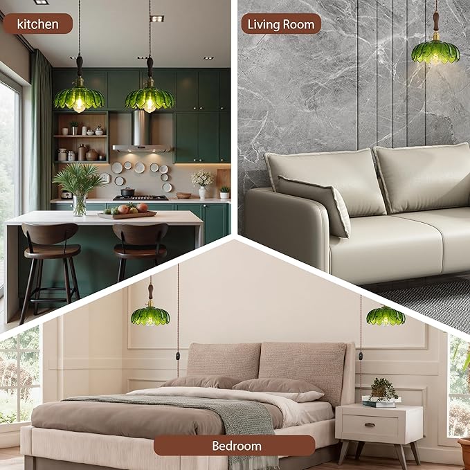 Glass Pendant Lights Kitchen Island, Green Glass Pendant Light, Vintage Pendant Light Fixtures, Hanging Lights Fixture for Kitchen Island Entryway Dining Room Bedroom Hallway