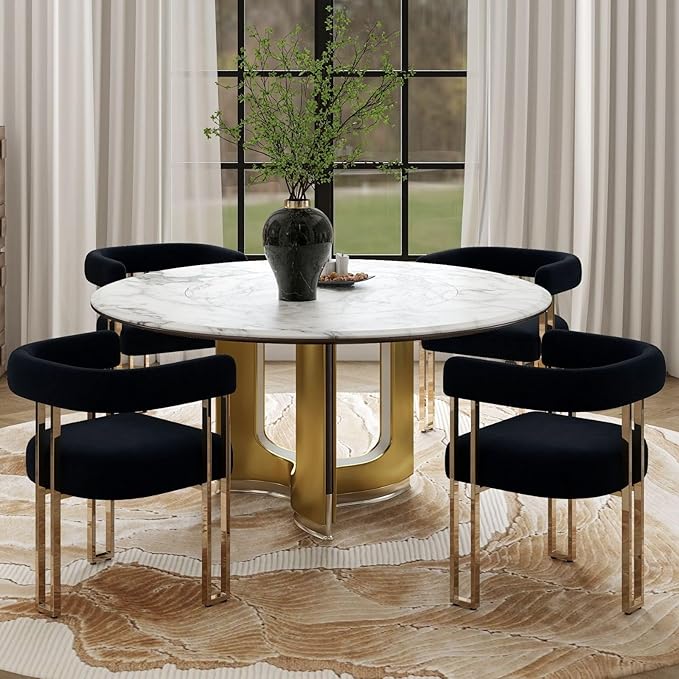 Hyfirm Set of 4 Black and Gold Modern Dining Chairs, Velvet Upholstered Barrel Armchairs with Metal Legs for Kitchen Island, Mid Century Accent Chairs for Dining Room Living Room, Open-Back