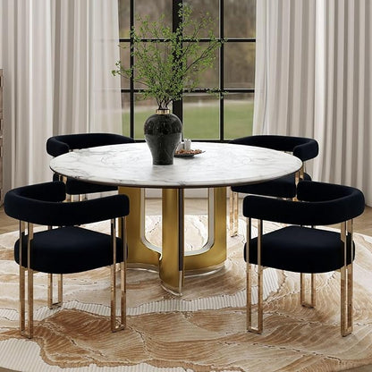 Hyfirm Set of 4 Black and Gold Modern Dining Chairs, Velvet Upholstered Barrel Armchairs with Metal Legs for Kitchen Island, Mid Century Accent Chairs for Dining Room Living Room, Open-Back