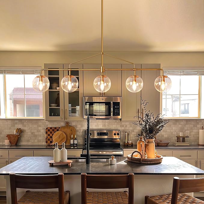 Modern Linear Chandelier Gold 5 Light Dining Room Linear Chandelier with Seeded Glass Globe 39 Inch Kitchen Island Pendant Light Electroplated Copper Finish for Farmhouse Living Room
