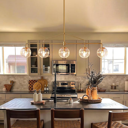 Modern Linear Chandelier Gold 5 Light Dining Room Linear Chandelier with Seeded Glass Globe 39 Inch Kitchen Island Pendant Light Electroplated Copper Finish for Farmhouse Living Room