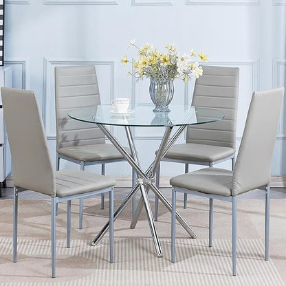 Round Glass Dining Table,Clear Kitchen Table with Tempered Glass Tabletop and Tripod Chrome Legs,Round Glass Table for Restaurant/Dining Room 35.43" D x 35.43" W x 29.5" H (Silver- 4 Legs)