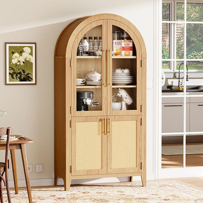 63" Arched Storage Cabinet, 5-Tier Modern Arched Cabinet with Glass Doors, Tall Arched Cabinet Adjustable for Living Room, Dining Room Office,Oak