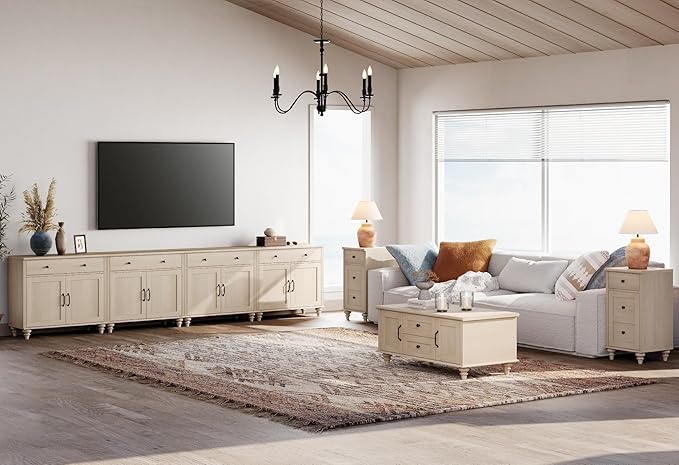WAMPAT Buffet Cabinet with 8 Doors and 4 Drawers, Large Coffee Bar Table Wood Kitchen Storage Cabinets with Storage Cabinets, Modern Farmhouse Sideboard Credenza for Dining Room, Beige, 136 inch