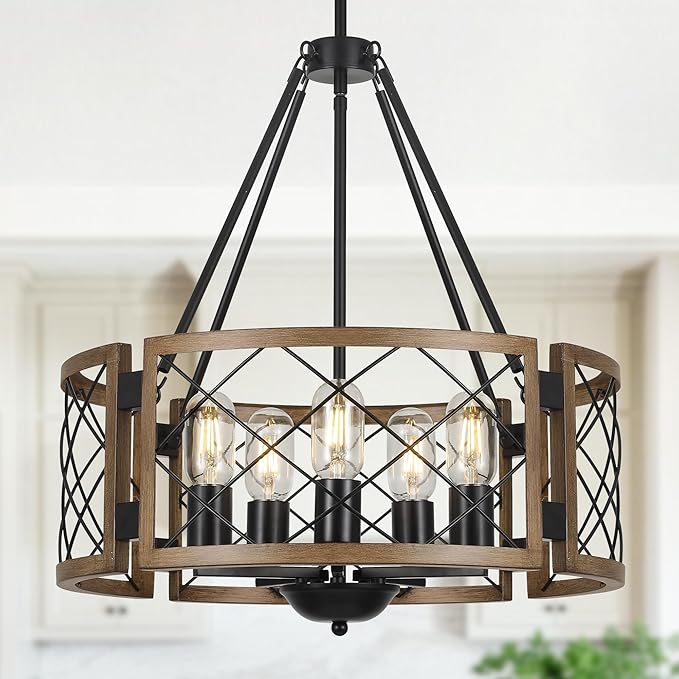 Sigaitwei 5-Light Farmhouse Chandelier Brown Rustic Chandelier for Dining Room Wood Texture Adjustable Pendant Light,Drum Chandelier for Kitchen Island Entryway Bedroom Hallway,18.9'',E26.