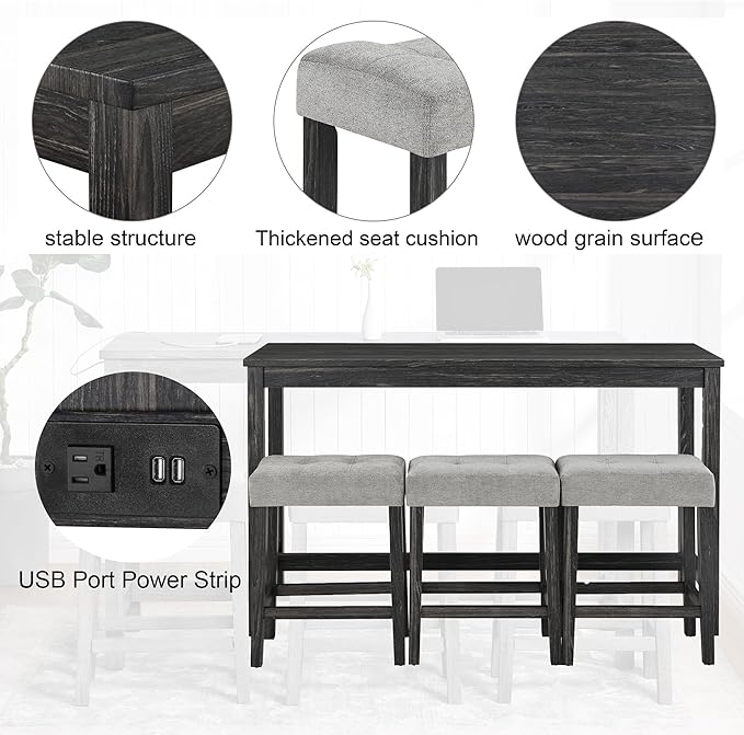 LKTART 4 Piece Bar Table Set Dining Bar Table and Chairs Set with Power Outlet Industrial Breakfast Table with 3 Padded Stools Rustic Bar Kitchen Dinning Room Living Room Black Grey