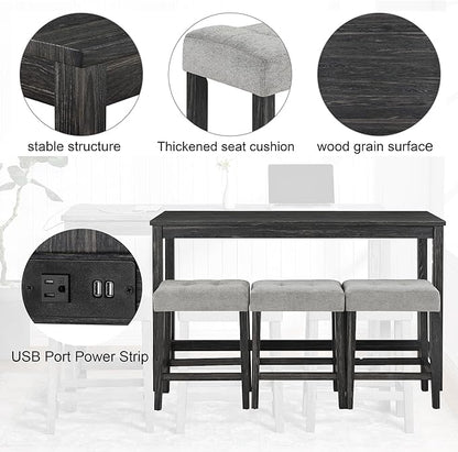 LKTART 4 Piece Bar Table Set Dining Bar Table and Chairs Set with Power Outlet Industrial Breakfast Table with 3 Padded Stools Rustic Bar Kitchen Dinning Room Living Room Black Grey