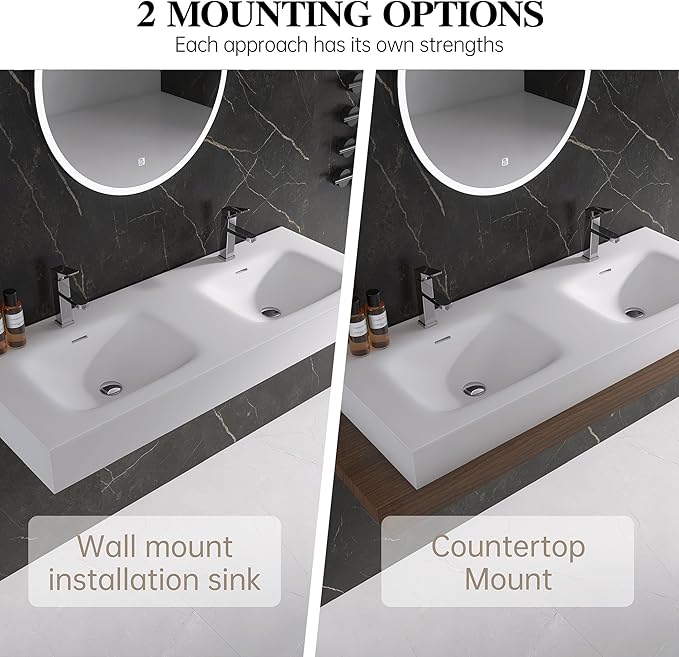 Wall Mount Double Bathroom Sink 47"L x 18"W x 5"H, Resin Stone Floating Sink with Facuet Holes, Rectangle Countertop Freestanding Vessel Sinks (Double Holes 47'')