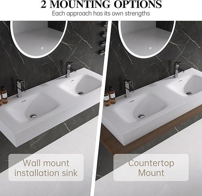 Wall Mount Double Bathroom Sink 47"L x 18"W x 5"H, Resin Stone Floating Sink with Facuet Holes, Rectangle Countertop Freestanding Vessel Sinks (Double Holes 47'')
