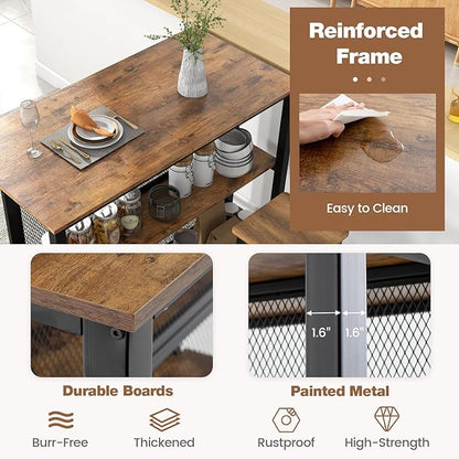 COSTWAY Home Bar Unit, 3-Tier Bar Table with Storage Shelves, Metal Frame, Adjustable Foot Pads, Breakfast Corner Bar Cabinet for Kitchen Island Dining Room (Rustic Brown)
