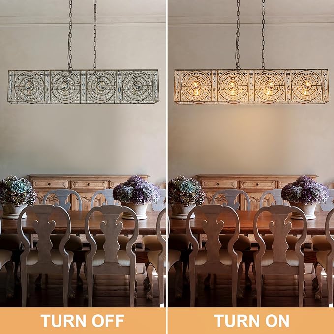 4-Lights Rectangle Crystal Chandelier for Dining Room, 42.12" Vintage Bronze Finish Large Chandeliers for High Ceilings, Flush Mount Pendant Light for Living Room Kitchen Island Bar