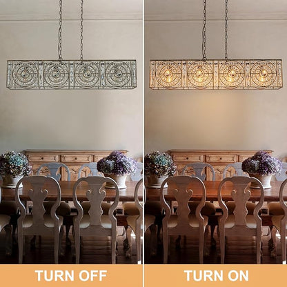 4-Lights Rectangle Crystal Chandelier for Dining Room, 42.12" Vintage Bronze Finish Large Chandeliers for High Ceilings, Flush Mount Pendant Light for Living Room Kitchen Island Bar