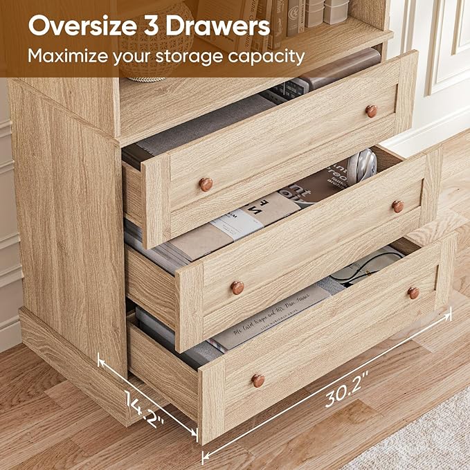 ivaniti 71" Tall Farmhouse Kitchen Pantry, Large Storage Cabinet with Glass Doors, Adjustable Shelves, 3 Drawer, Wood Versatile Hutch Cabinet for Dining Room, Living Room, Brown 2 PCS