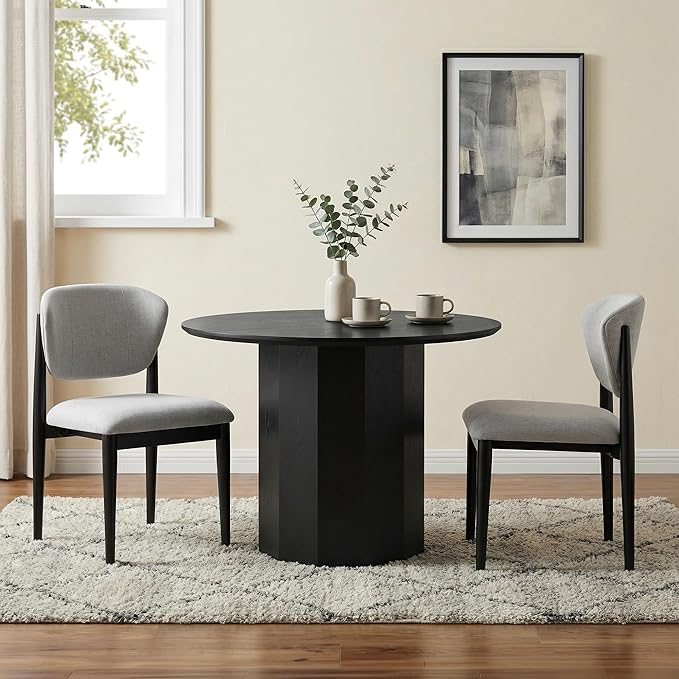 Casaphoria Dining Chairs Set of 2, Solid Black Wood Legs Upholstered Kitchen Chairs, Mid Century Modern Ergonomic Curved Back Accent Chair for Dining Room, Home Office and Vanity, Gray