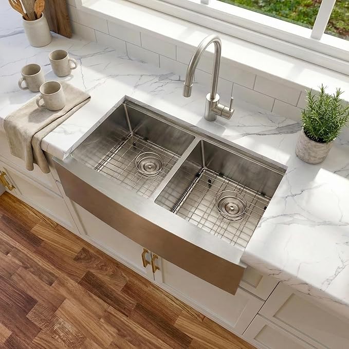 MILOSEN 33x20x10 Inch Farmhouse Kitchen Sink, Undermount 16 Gauge Stainless Steel 50/50 Double Bowl Sink, Workstation Apron Front Farm Sink with Integrated Ledge & Accessories, 10'' Deep Handmade Sink