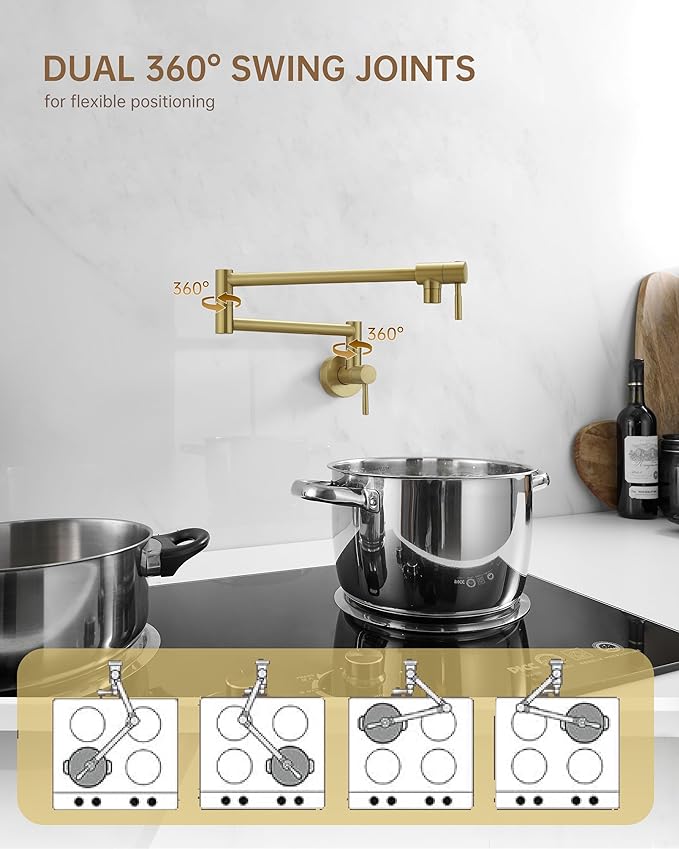 Fransiton Brushed Gold Pot Filler, Pot Filler Faucet Wall Mount, Brass Folding Stretchable with Double Joint Swing Arm Single Hole Two Handles Kitchen Restaurant