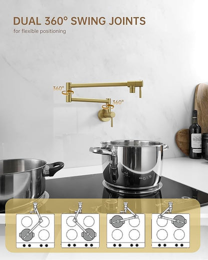 Fransiton Brushed Gold Pot Filler, Pot Filler Faucet Wall Mount, Brass Folding Stretchable with Double Joint Swing Arm Single Hole Two Handles Kitchen Restaurant