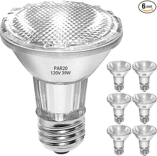PAR20 Flood 39W 120V Halogen Light Bulbs 6 Pcs, PAR20 39W ECO Halogen Bulb Warm White 2700K, Dmimable PAR20 E26 Halogen Bulb 546 Lumens Reflector for Track Lighting & Hood Range Light Bulbs