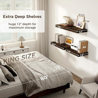 12 Inch Deep Floating Shelves, 24 x 12 Floating Shelf for Books, Rustic Wood Deep Wall Shelves for Home Storage & Display, 2" Thicked Shelves for Kitchen, Living Room, Bedroom, Rustic Brown, 1 Pack