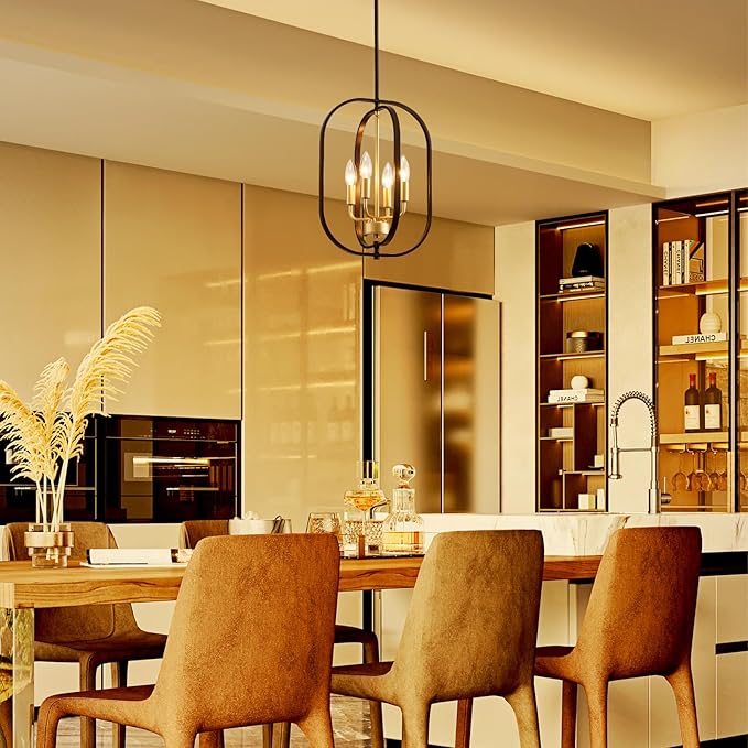 XINGQI Modern Black Gold Chandelier Farmhouse 4-Light for Dining Room, Geometric Adjustable Rustic Pendant Lighting Fixture for Entryway Living Room Kitchen Foyer
