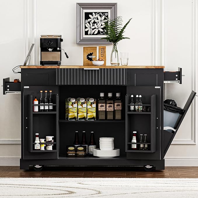 Modern Dining Table Kitchen Island with, Fluted Drawers, Power Outlet, Shelves, Mobile Rolling Cart with Trash Can Cabinet, 3 Drawers and Open Side Racks,Black-MDF