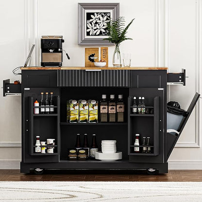 Modern Dining Table Kitchen Island with, Fluted Drawers, Power Outlet, Shelves, Mobile Rolling Cart with Trash Can Cabinet, 3 Drawers and Open Side Racks,Black-MDF
