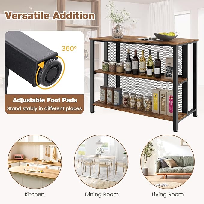 COSTWAY Home Bar Unit, 3-Tier Bar Table with Storage Shelves, Metal Frame, Adjustable Foot Pads, Breakfast Corner Bar Cabinet for Kitchen Island Dining Room (Rustic Brown)